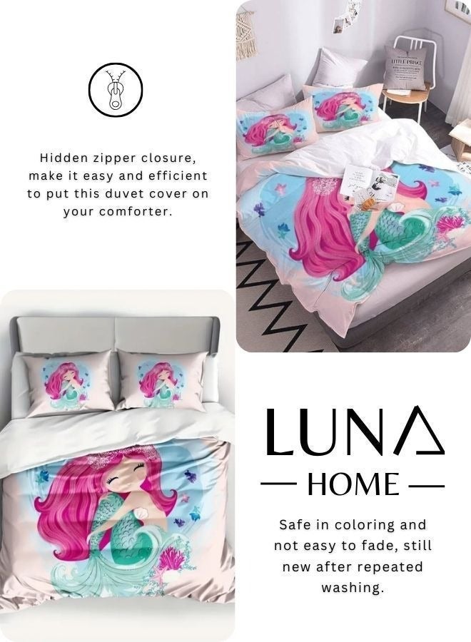 لونا هوم حجم واحد 4 قطع 1 غطاء لحاف (160 × 210 سم)، 1 ملاءة مزودة (100 × 200 + 30 سم)، و 2 غطاء وسادة (50 × 75 سم) - تصميم حورية البحر الوردي ثلاثي الأبعاد. مجموعة مفروشات الأطفال. - Image 5